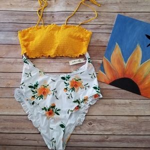 Yellow Floral Ruched Swimsuit
